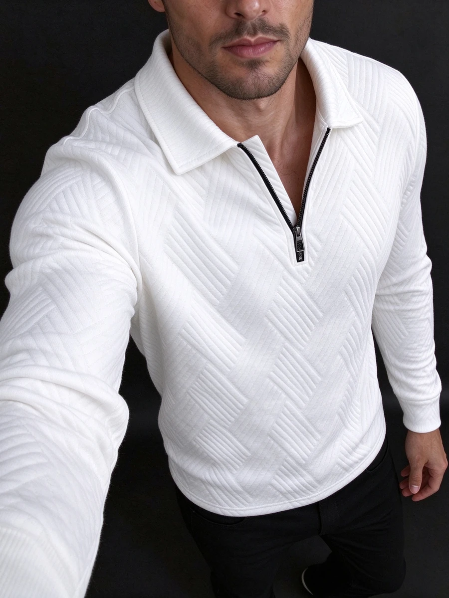 Manfinity CasualCool 男士夏季提花紋理撞色半拉鍊 Polo 衫,休閒極簡都市成熟英倫紳士風,商務休閒 - 白色 - 查看 1