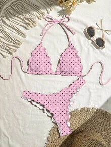 SHEIN Swim Women's Solid Color High Elasticity Frill Trim Bikini Set, Vacation Beach Party Pink And Black Polka Dot Summer Cute Sexy - Pink - View 3