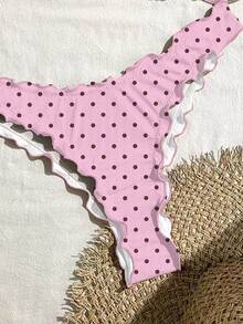 SHEIN Swim Women's Solid Color High Elasticity Frill Trim Bikini Set, Vacation Beach Party Pink And Black Polka Dot Summer Cute Sexy - Pink - View 5