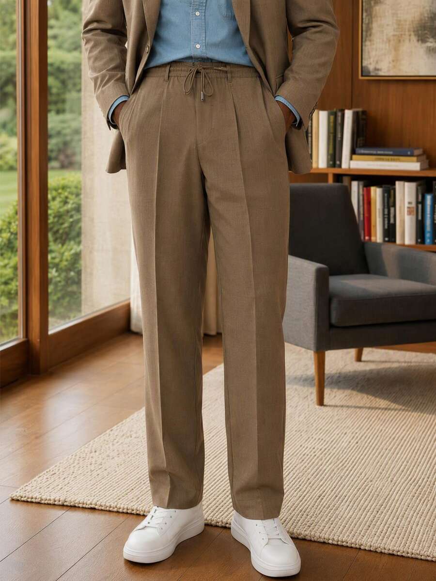 HIMLAND Men Solid Drawstring Waist Pants, Fall, Vacation, Father's Day Gifts, Football - Khaki - View 1