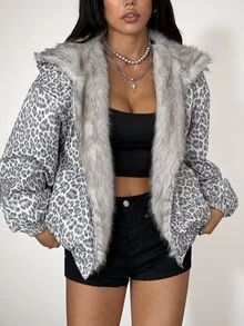 SHEIN ICON Women's Leopard Print Thermal Lined Casual Streetwear Versatile Winter Long Sleeve Jacket Night Out Grey - Multicolor - View 4