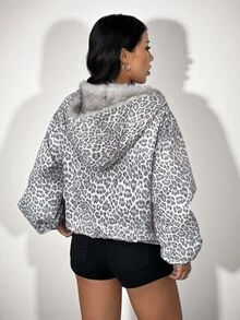 SHEIN ICON Women's Leopard Print Thermal Lined Casual Streetwear Versatile Winter Long Sleeve Jacket Night Out Grey - Multicolor - View 2