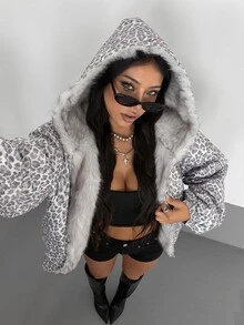 SHEIN ICON Women's Leopard Print Thermal Lined Casual Streetwear Versatile Winter Long Sleeve Jacket Night Out Grey - Multicolor - View 7