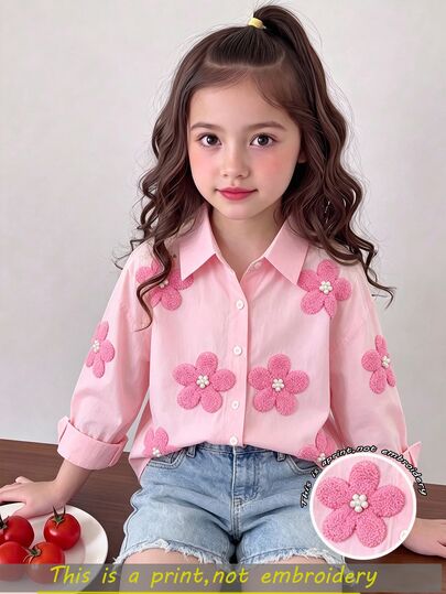 SHEIN Young Girls Floral Printed Shirt, Autumn Outerwear, Winter Outfit, Back To School, Vintage Boss Baby, Comfortble, Vacation Birthday Baby Pink