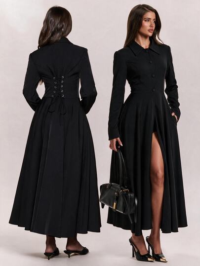 SHEIN BAE معطف ترنش طويل أنيق للنساء بلون موحد وأكمام طويلة وأزرار أمامية مفردة