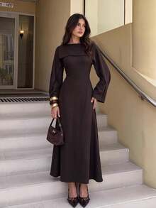 Siren Gaze Women's Elegant Solid Color Waist-Cinching Long Dress, Autumn - Chocolate Brown - View 3