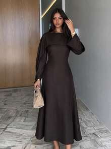 Siren Gaze Women's Elegant Solid Color Waist-Cinching Long Dress, Autumn - Chocolate Brown - View 6