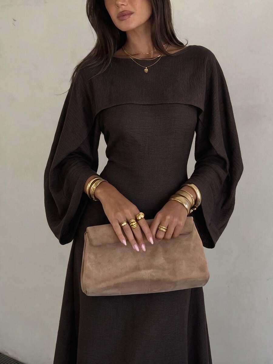 Siren Gaze Women's Elegant Solid Color Waist-Cinching Long Dress, Autumn - Chocolate Brown - View 1