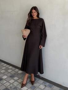 Siren Gaze Women's Elegant Solid Color Waist-Cinching Long Dress, Autumn - Chocolate Brown - View 4