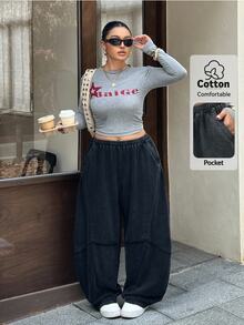 Muchica Plus Size Women's Solid Color Casual Baggy Versatile Daily Wear Long Pants Vacation Formal Fall - Black - View 7