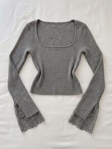 Elamini Women's Grey Casual Versatile Contrast Lace Sweet Daily Commute Autumn/Winter Fitted Pullover Sweater - Grey - View 1