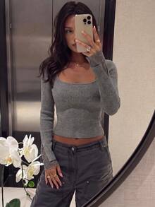 Elamini Women's Grey Casual Versatile Contrast Lace Sweet Daily Commute Autumn/Winter Fitted Pullover Sweater - Grey - View 7
