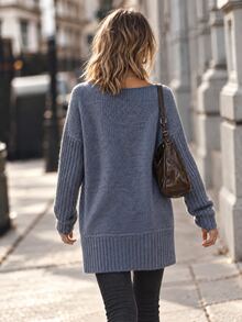Elafinee Women's Crew Neck Dropped Shoulder Loose Fit Mid-Length Pullover Knit Sweater Long Sleeve Patch Pockets Everyday Dusty Blue Fall Casual Going Out - Blue - View 2