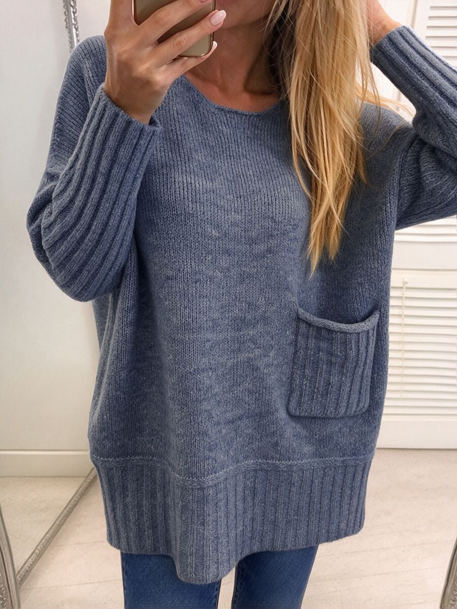 Elafinee Women's Crew Neck Dropped Shoulder Loose Fit Mid-Length Pullover Knit Sweater Long Sleeve Patch Pockets Everyday Dusty Blue Fall Casual Going Out - Blue - View 1