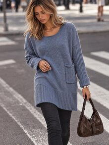 Elafinee Women's Crew Neck Dropped Shoulder Loose Fit Mid-Length Pullover Knit Sweater Long Sleeve Patch Pockets Everyday Dusty Blue Fall Casual Going Out - Blue - View 4