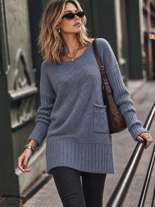 Elafinee Women's Crew Neck Dropped Shoulder Loose Fit Mid-Length Pullover Knit Sweater Long Sleeve Patch Pockets Everyday Dusty Blue Fall Casual Going Out - Blue - View 7
