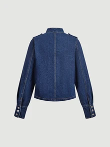 Slaydiva Fall New Napoleon Collar Loose Fit Plus Size Denim Jacket Going Out Vacation Casual Kawaii - Blue - View 7