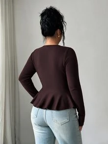 Modelyn Sweater Ukuran Besar dengan Gesper Logam dan Hem Berumbai - Coffee Brown - View 2
