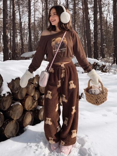 Comfortcana Off Shoulder Top, Comfortable Women's Teddy Bear Patterned Flannel Sleepwear, Warm Fall Pajamas Everyday Home Brown Dark Brown Casual