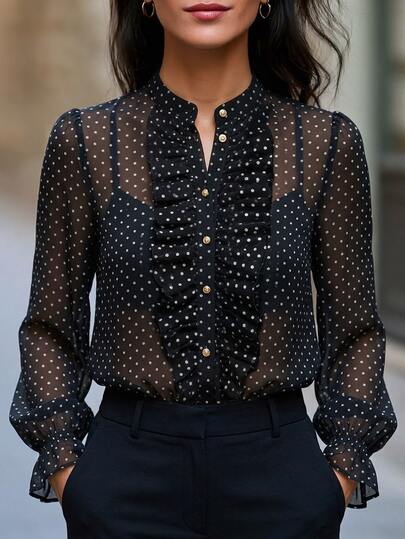 Velvienne Plus Size Women's Autumn New French Elegant Vintage Fashion Elegant Commute Long Sleeve Polka Dot Black Chiffon Blouse, Ruffle Stand Collar Design, Black And White Polka Dot Style, Suitable For Spring/Autumn, Outdoor, Vacation, Daily Casual And Commute Office Scenes, Autumn Women's Versatile Top