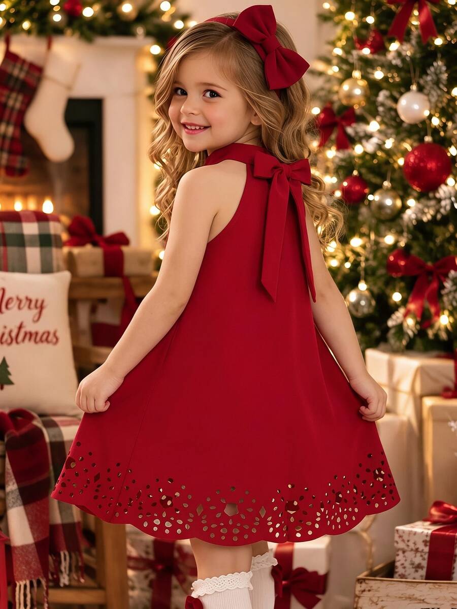 SHEIN Girls' Solid Color Twist Back Bow Hem Hollow Floral Pattern Dress, Casual Vacation Style, Fashionable Versatile Design, Suitable For Indoor & Outdoor Wear In Summer - الأحمر - مشاهدة 1