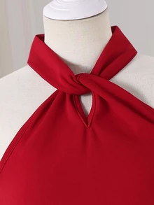 SHEIN Girls' Solid Color Twist Back Bow Hem Hollow Floral Pattern Dress, Casual Vacation Style, Fashionable Versatile Design, Suitable For Indoor & Outdoor Wear In Summer - الأحمر - مشاهدة 5