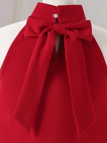 SHEIN Girls' Solid Color Twist Back Bow Hem Hollow Floral Pattern Dress, Casual Vacation Style, Fashionable Versatile Design, Suitable For Indoor & Outdoor Wear In Summer - الأحمر - مشاهدة 6