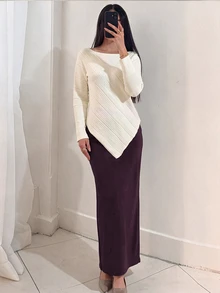 Modelyn Women's Solid Color Asymmetrical Hem Asymmetrical Shoulder Sweater And Knit Skirt Elegant 2 Pieces Set - Multicolor - View 3
