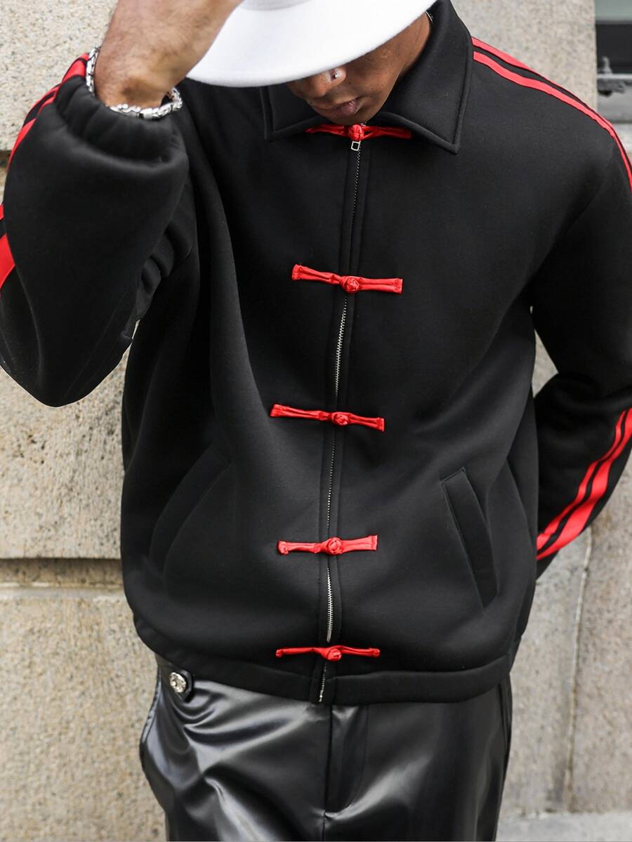 Major Grit Men's Autumn Casual Goth Loose Fashion Chinese Style Frog Button Patchwork Colorblock Sports Jacket - Black - View 1