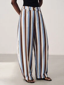 Aveloria Modichic Women's Pants High Waist Barrel Cocoon Contrast Vertical Stripes Button Fly Side Pockets Commute Brunch Vacation Blue And White Striped Casual - Multicolor - View 1
