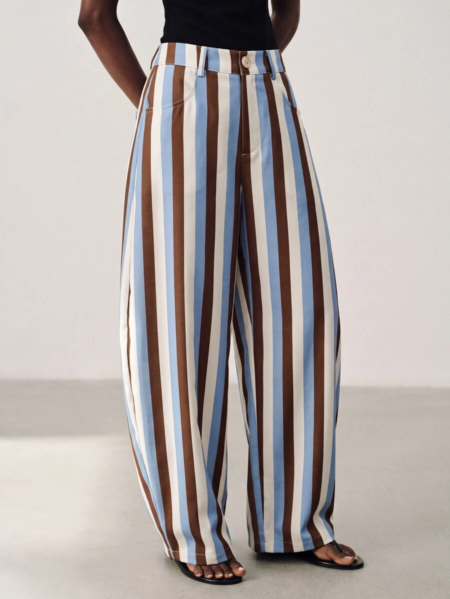 Aveloria Modichic Women's Pants High Waist Barrel Cocoon Contrast Vertical Stripes Button Fly Side Pockets Commute Brunch Vacation Blue And White Striped Casual - Multicolor - View 1