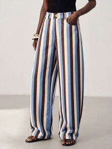 Aveloria Modichic Women's Pants High Waist Barrel Cocoon Contrast Vertical Stripes Button Fly Side Pockets Commute Brunch Vacation Blue And White Striped Casual - Multicolor - View 7