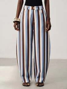 Aveloria Modichic Women's Pants High Waist Barrel Cocoon Contrast Vertical Stripes Button Fly Side Pockets Commute Brunch Vacation Blue And White Striped Casual - Multicolor - View 4