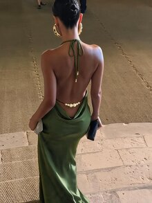 Firerie Women's White Summer Elegant Party Dress,Exquisite Backless Draped Neck Pearl Color Tight-Fitting Extra Long Dress For Weddings,Honeymoons - Army Green - View 1