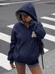 SHEIN Sweetra Young 秋冬季青少年女孩連帽拉鍊外套，混搭街頭風休閒學院風運動衫，保暖針織面料校園海軍藍秋裝 - 藏蓝色 - 查看 4