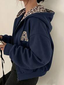 SHEIN Sweetra Young 秋冬季青少年女孩連帽拉鍊外套，混搭街頭風休閒學院風運動衫，保暖針織面料校園海軍藍秋裝 - 藏蓝色 - 查看 2