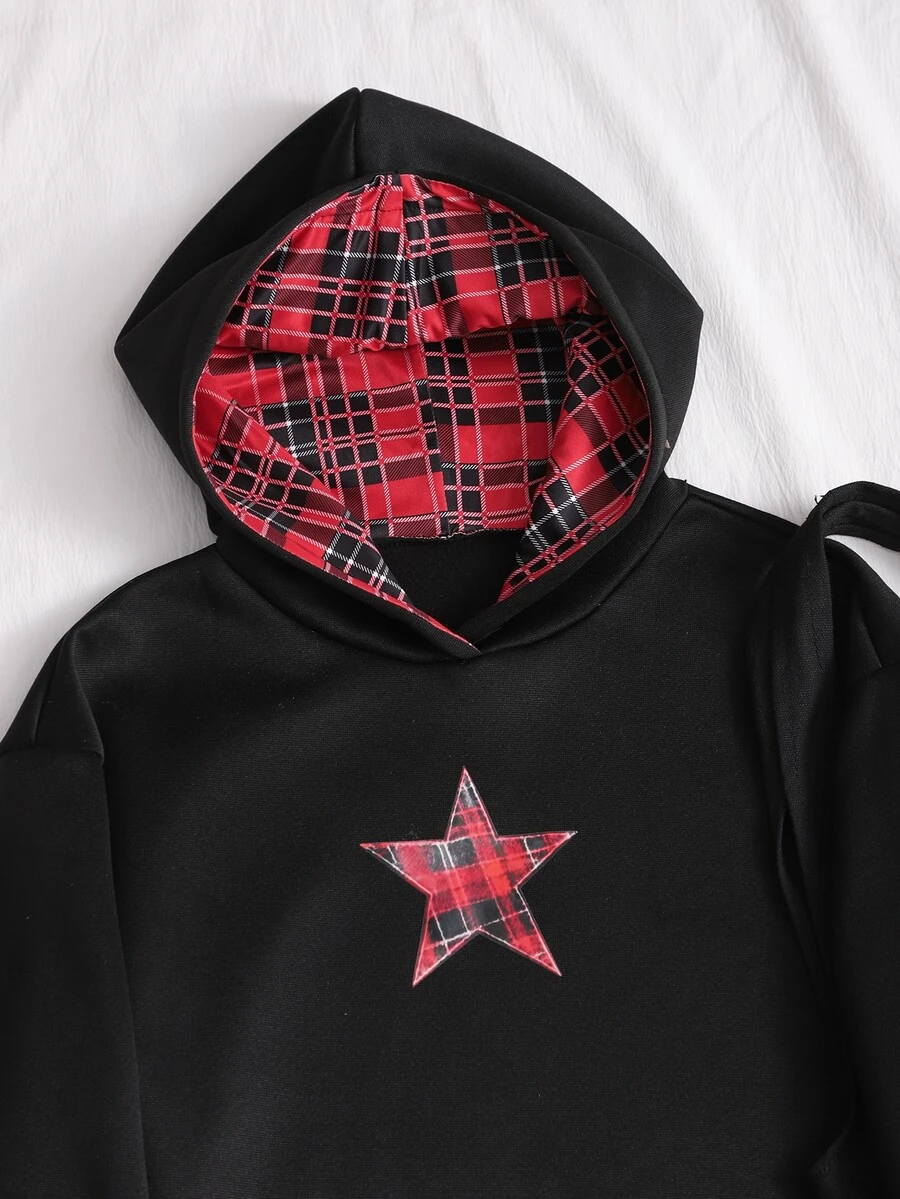 SHEIN 青少年女孩休閒黑色連帽衛衣長袖運動衫 格紋星星圖案對比格紋內裡連帽套頭上衣外套街頭風 - 黑色 - 查看 1