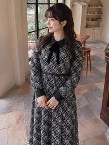 Bijouette Plus Size Plaid Solid Color Long Sleeve Dress, Loose A-Line Skirt Bowknot Strap, Slimming, 1950s Vintage Elegant Birthday Formal Black Summer - Multicolor - View 2