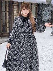 Bijouette Plus Size Plaid Solid Color Long Sleeve Dress, Loose A-Line Skirt Bowknot Strap, Slimming, 1950s Vintage Elegant Birthday Formal Black Summer - Multicolor - View 9