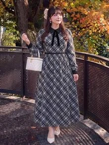Bijouette Plus Size Plaid Solid Color Long Sleeve Dress, Loose A-Line Skirt Bowknot Strap, Slimming, 1950s Vintage Elegant Birthday Formal Black Summer - Multicolor - View 4
