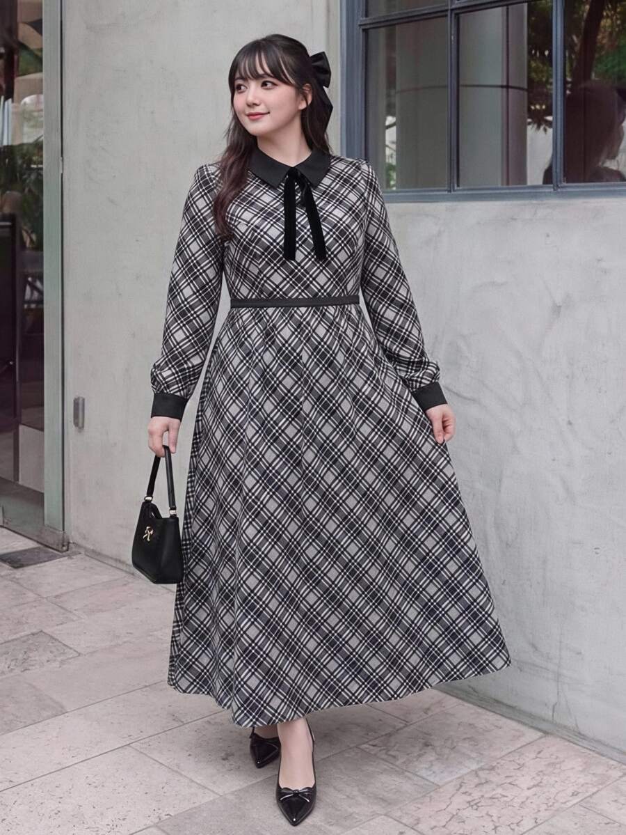 Bijouette Plus Size Plaid Solid Color Long Sleeve Dress, Loose A-Line Skirt Bowknot Strap, Slimming, 1950s Vintage Elegant Birthday Formal Black Summer - Multicolor - View 1