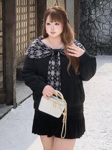 Bijouette Plus Size Plaid & Solid Color Long Sleeve Sweatshirt, Plaid Pattern With Bowknot Detail + Loose Fit, Christmas Vibe Sweatshirt, Perfect For Hiding Belly, Hips And Flattering Pear & Apple Body Shapes, All Size Friendly, Non-Tight, Japanese Gentle Style For Commute, Date And Travel - Black - View 4