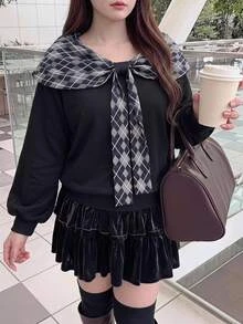 Bijouette Plus Size Plaid & Solid Color Long Sleeve Sweatshirt, Plaid Pattern With Bowknot Detail + Loose Fit, Christmas Vibe Sweatshirt, Perfect For Hiding Belly, Hips And Flattering Pear & Apple Body Shapes, All Size Friendly, Non-Tight, Japanese Gentle Style For Commute, Date And Travel - Black - View 3