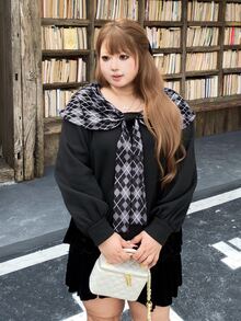 Bijouette Plus Size Plaid & Solid Color Long Sleeve Sweatshirt, Plaid Pattern With Bowknot Detail + Loose Fit, Christmas Vibe Sweatshirt, Perfect For Hiding Belly, Hips And Flattering Pear & Apple Body Shapes, All Size Friendly, Non-Tight, Japanese Gentle Style For Commute, Date And Travel - Black - View 6