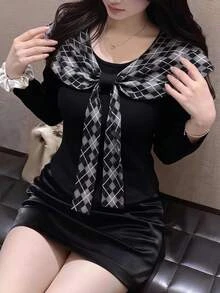 Bijouette Plus Size Plaid & Solid Color Long Sleeve Sweatshirt, Plaid Pattern With Bowknot Detail + Loose Fit, Christmas Vibe Sweatshirt, Perfect For Hiding Belly, Hips And Flattering Pear & Apple Body Shapes, All Size Friendly, Non-Tight, Japanese Gentle Style For Commute, Date And Travel - Black - View 2
