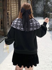 Bijouette Plus Size Plaid & Solid Color Long Sleeve Sweatshirt, Plaid Pattern With Bowknot Detail + Loose Fit, Christmas Vibe Sweatshirt, Perfect For Hiding Belly, Hips And Flattering Pear & Apple Body Shapes, All Size Friendly, Non-Tight, Japanese Gentle Style For Commute, Date And Travel - Black - View 10