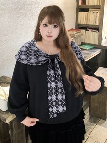 Bijouette Plus Size Plaid & Solid Color Long Sleeve Sweatshirt, Plaid Pattern With Bowknot Detail + Loose Fit, Christmas Vibe Sweatshirt, Perfect For Hiding Belly, Hips And Flattering Pear & Apple Body Shapes, All Size Friendly, Non-Tight, Japanese Gentle Style For Commute, Date And Travel - Black - View 7