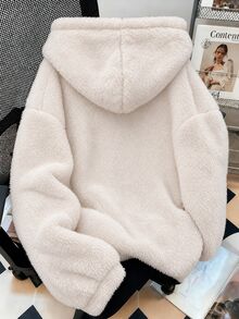 SHEIN 青少年女孩運動衫，海軍藍，寬鬆版型，保暖秋季，休閒可愛，連帽，抓絨內裡，日常穿著，拉鍊，街頭風格校園 - 白色 - 查看 2