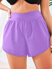 SHEIN Swim Curve 大尺碼女款純色不對稱腰線休閒泳褲短褲，沙灘度假夏季粉色 - 紫羅蘭色 - 查看 3