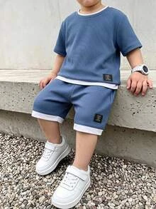 SHEIN 2pcs/Set Young Boy Casual Solid Color Jacquard Fabric Short Sleeve Patchwork Contrast Color T-Shirt And Shorts Set, Suitable For Daily Casual Outdoor - Dusty Blue - View 4